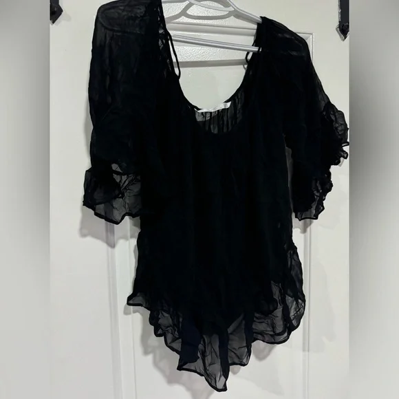 Zara Trafaluc Black Sheer Ruffle Hem Peasant Blouse Women’s Boho Top - Picture 3 of 4